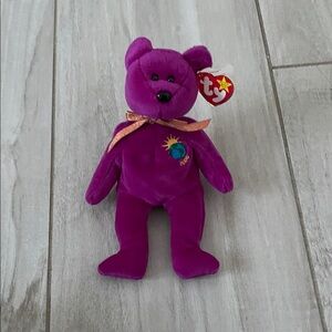 Ty Purple Beanie Baby Bear with Embroidered Earth